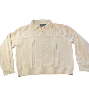 Liz Wear Vintage 80’s Women’s Cream Cable Knit Boxy Collar Button Sweater Medium